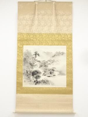 小倉理山筆　山村風景　肉筆絹本掛軸（共箱）